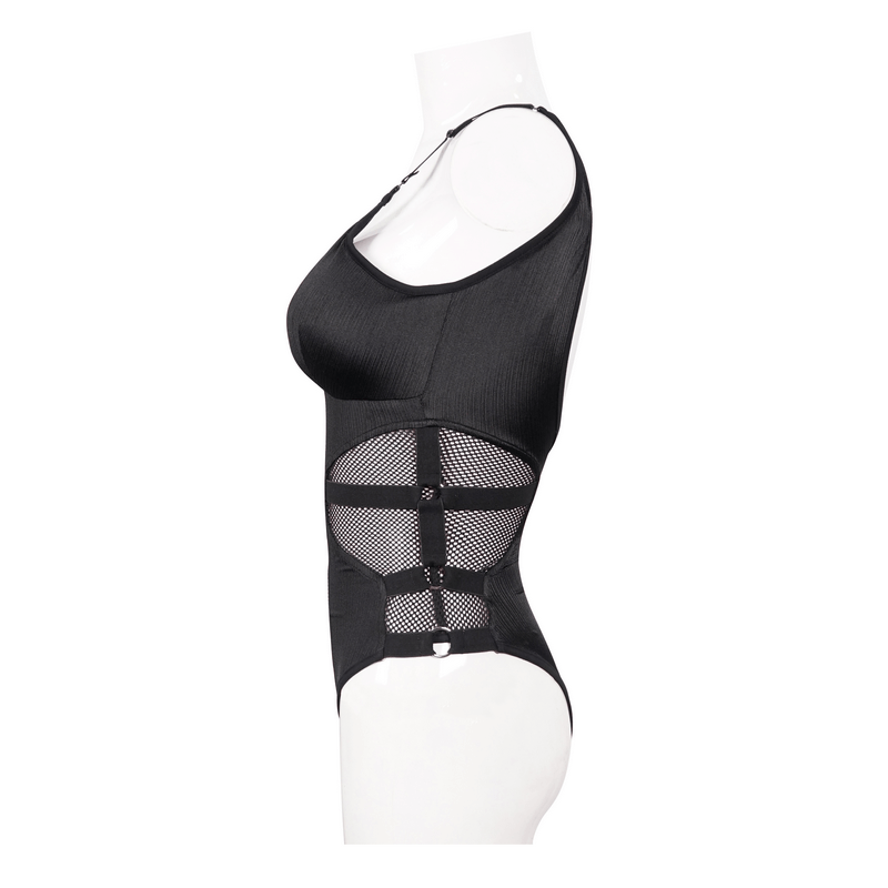 Punk Cutout Net Insert One-Piece Swimsuit / Women's Black Zipper Swimsuit - HARD'N'HEAVY