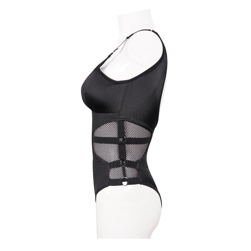 Stylish women's black punk cutout one-piece swimsuit featuring mesh inserts and modern design.