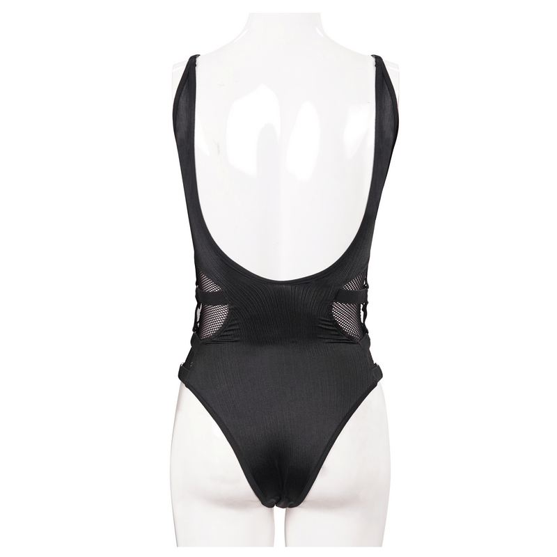 Back view of women's punk black one-piece swimsuit with stylish mesh inserts and low back design.