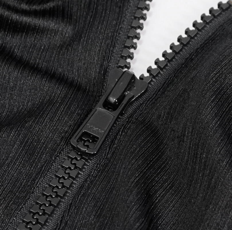 Close-up of a stylish black zipper on a women's punk one-piece swimsuit, showcasing sleek design and functionality.