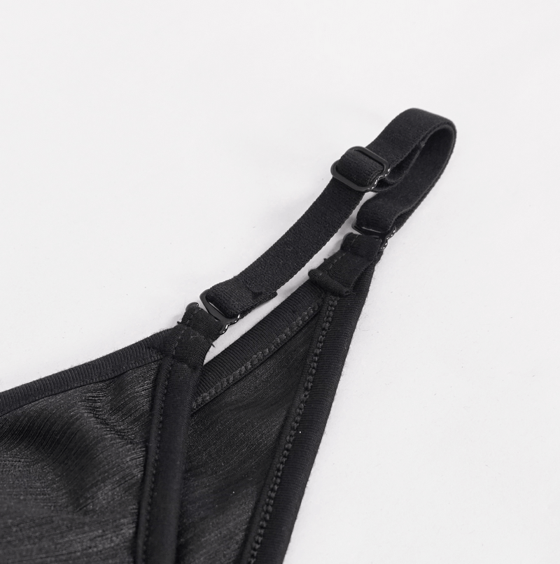 Close-up of stylish black swimsuit strap with adjustable buckle, showcasing punk-inspired design and comfort.