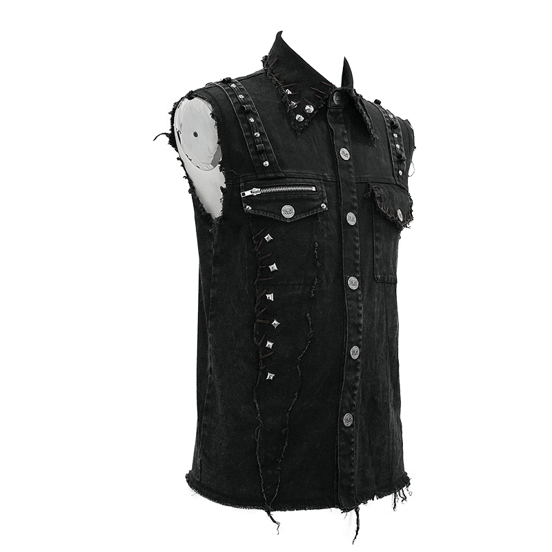 Punk Denim Sleeveless Vest with Pockets / Black Buttons Waistcoat in Alternative Style - HARD'N'HEAVY
