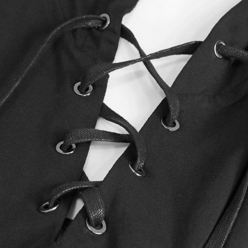 Close-up of black punk drawstring detail on bodycon dress, showcasing stylish lacing design.