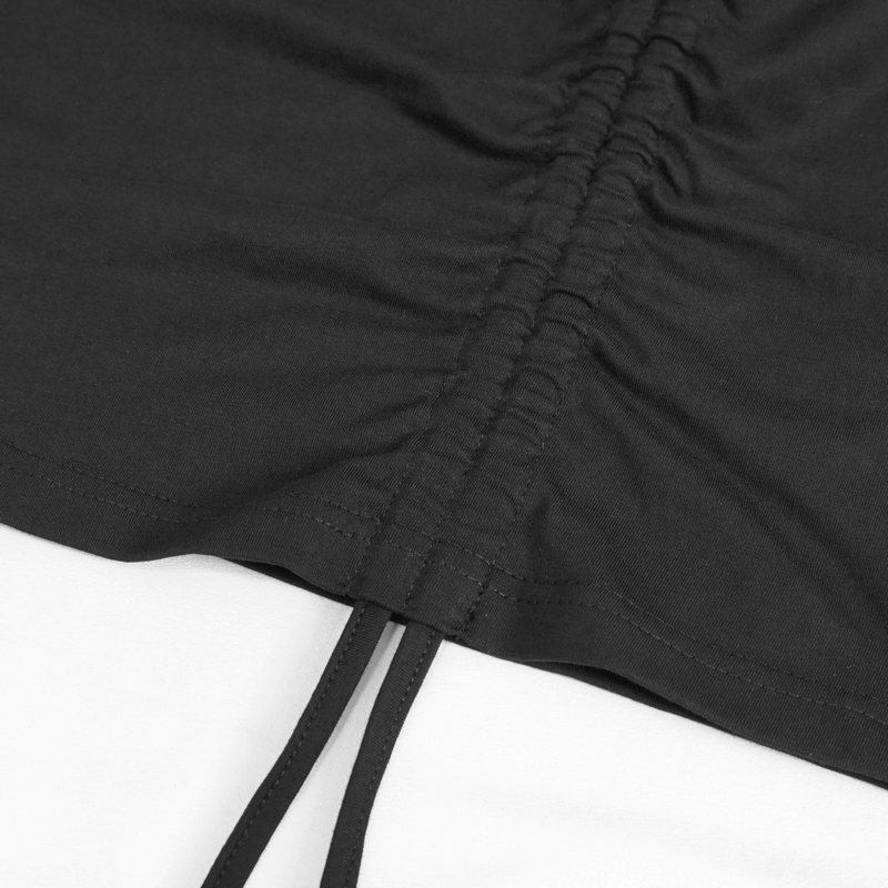 Close-up of the ruched detail and drawstrings on a black punk style bodycon dress with oversized hood.