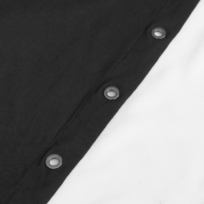 Close-up of black and white fabric with button details, showcasing the punk style design of a dress.