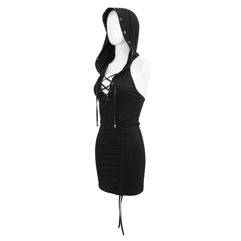Punk style women's black bodycon dress with oversized hood and lace-up front, perfect for Gothic fashion enthusiasts.