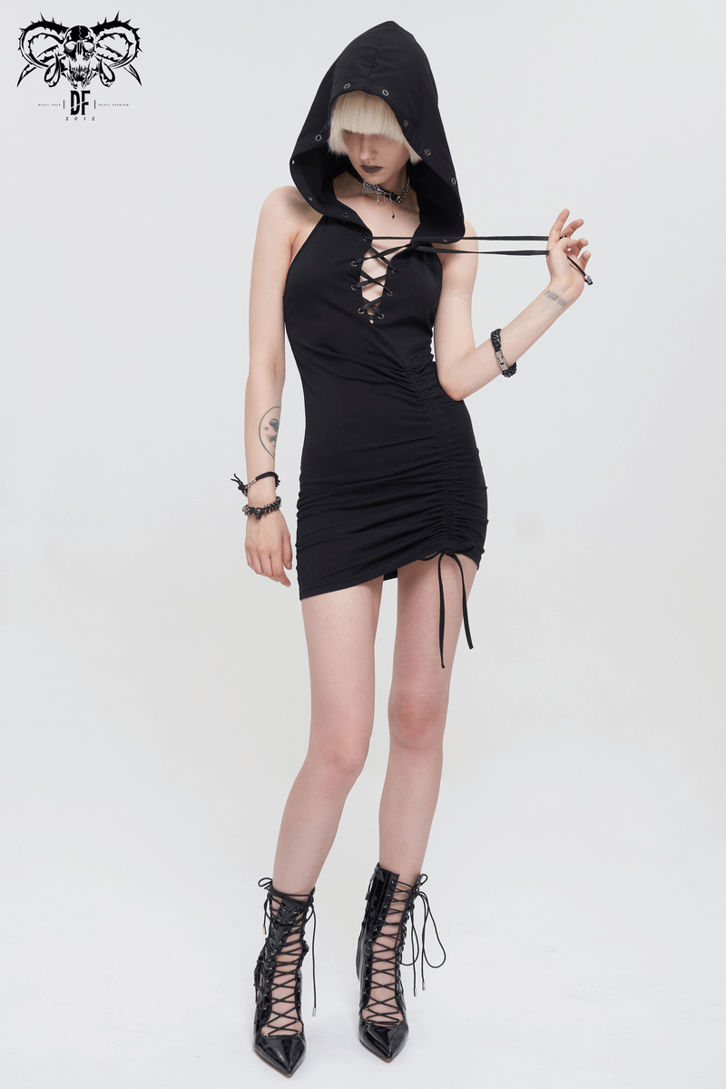 Punk Drawstring Bodycon Dress with Oversized Hood / Gothic Black Short Female Dress