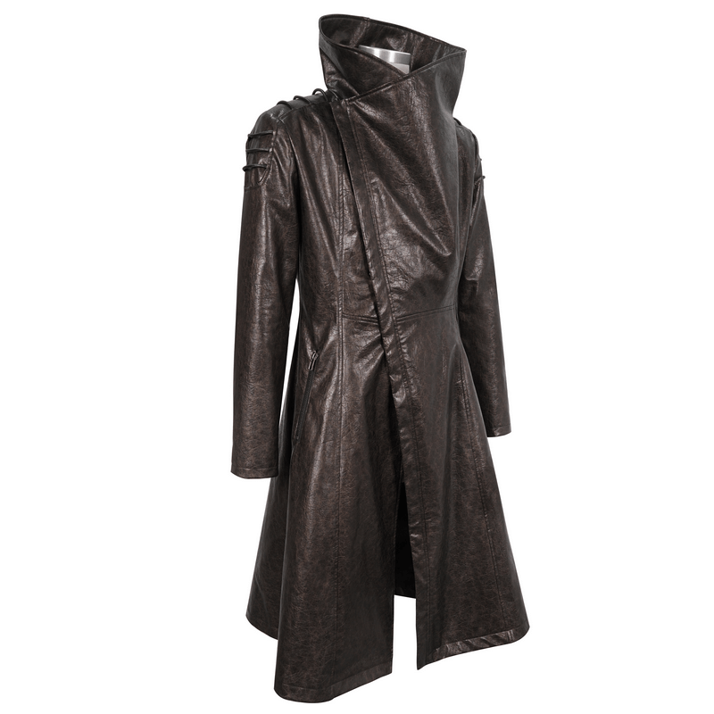 Punk Faux Leahter Long Coats for Men / Stand Collar Male Coat with Zipper design on Cuffs