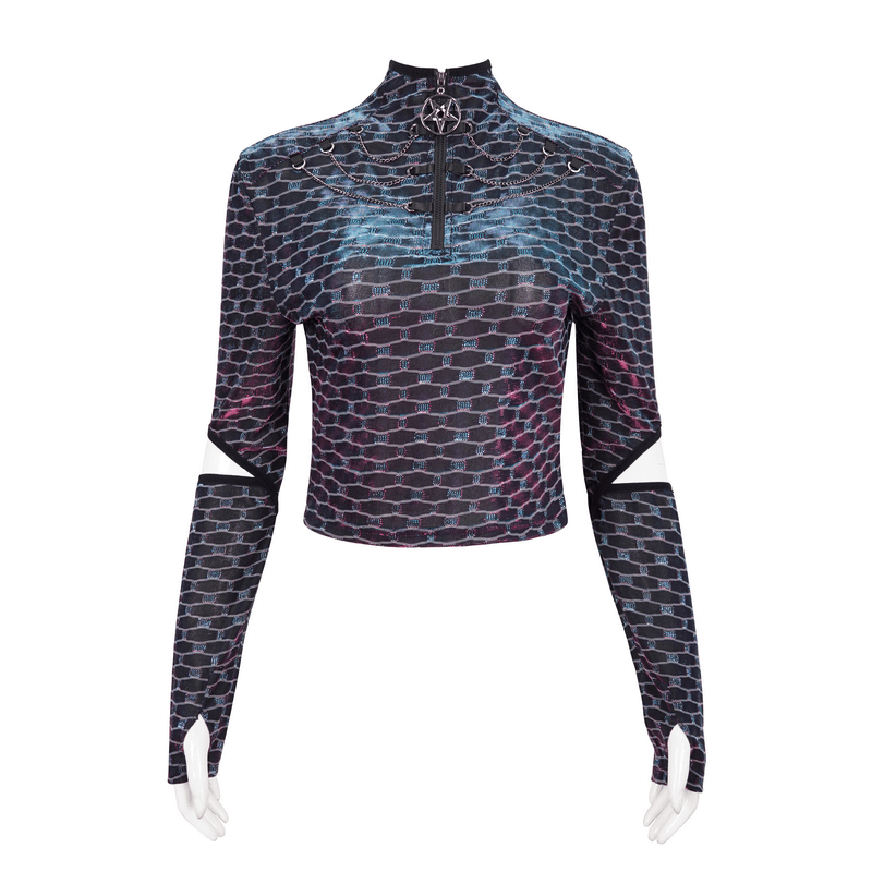 Punk women's short top with stand collar and pentagram design, featuring unique elbow openings.