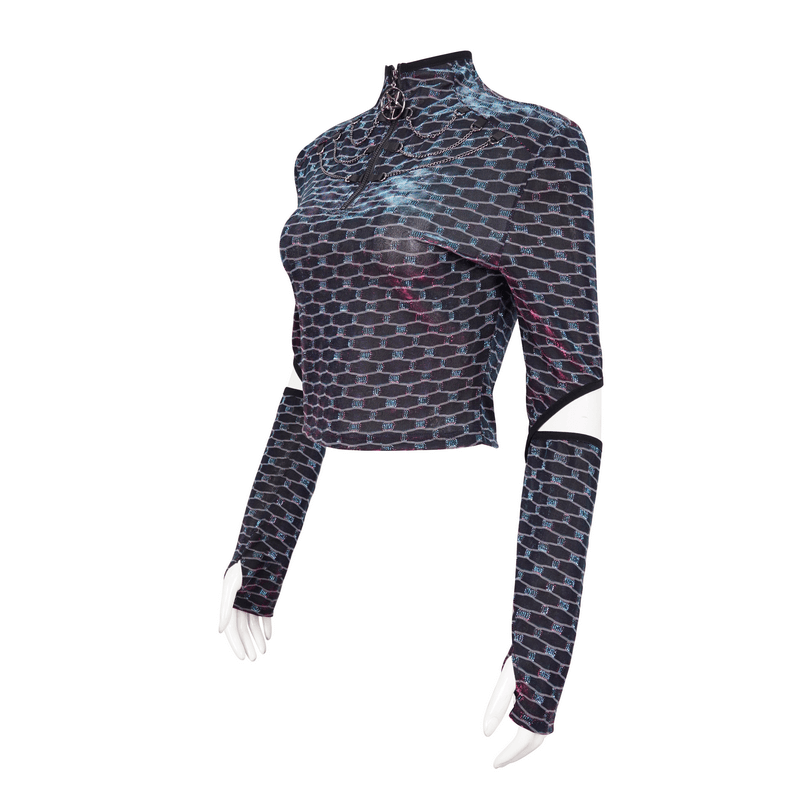 Stylish punk women's short top with pentagram design and elbow cutouts, perfect for a trendy look.