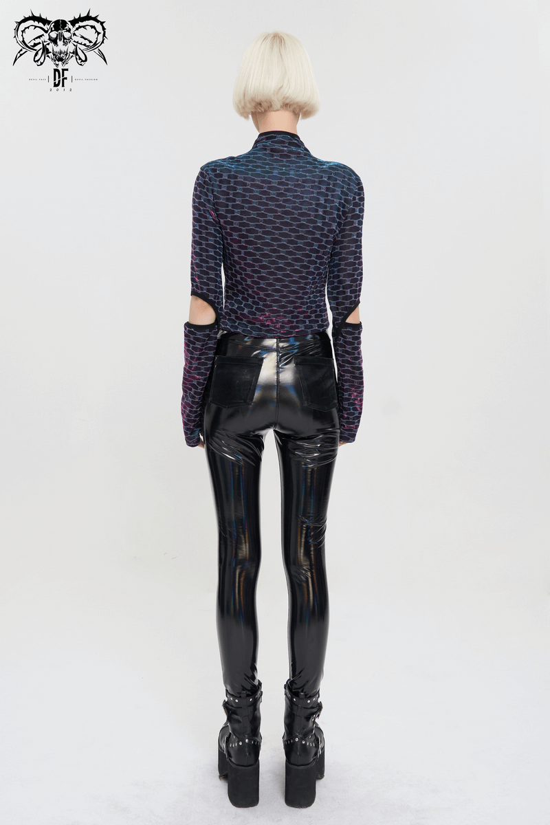 Back view of a stylish punk female short top with elbow openings and shiny black leggings.