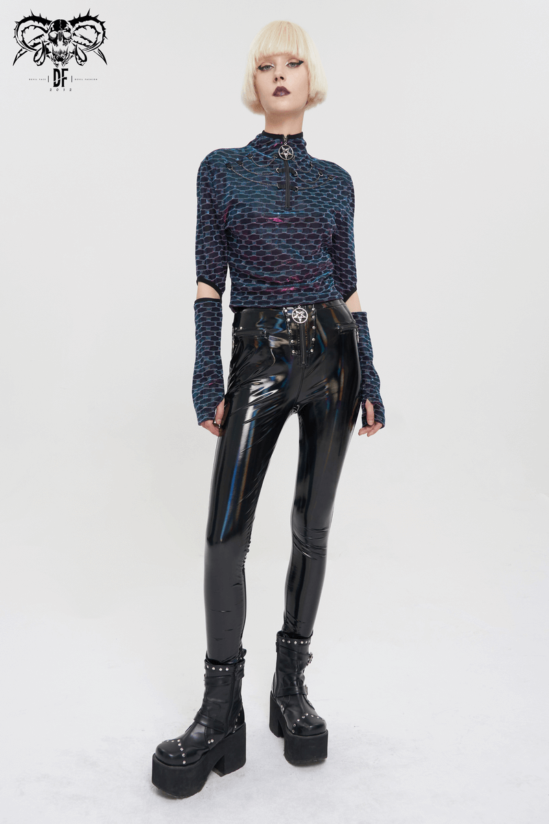 Punk female model in stylish short top with pentagram design and shiny black leggings, ready for a bold fashion statement.