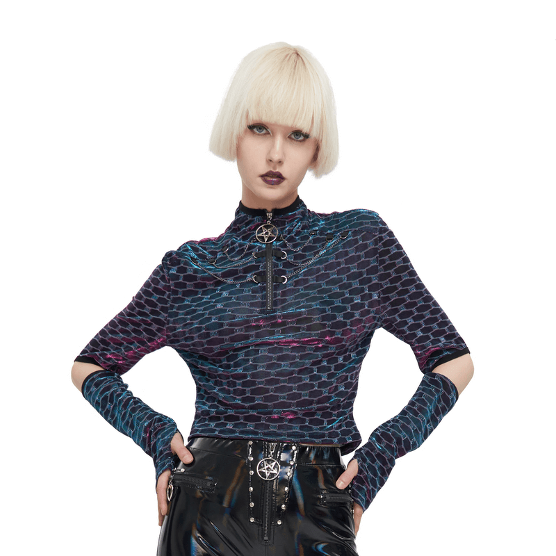 Punk female wearing a short top with pentagram design and elbow openings, showcasing a stylish, edgy look.