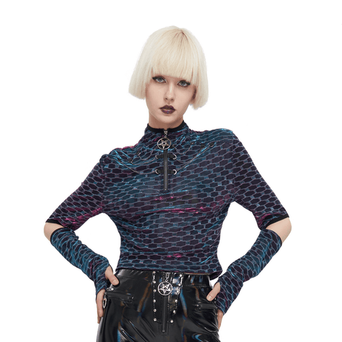 Kurze Punk-Tops für Damen mit offenen Ellbogen / Sexy Stehkragen-Top mit Pentagramm