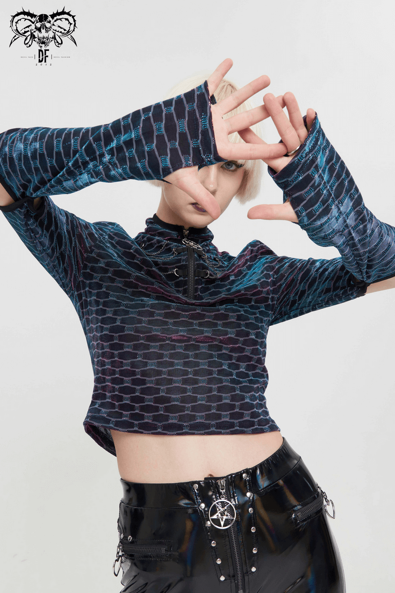 Punk female short top with pentagram design and unique sleeve cut, perfect for a stylish wardrobe update.