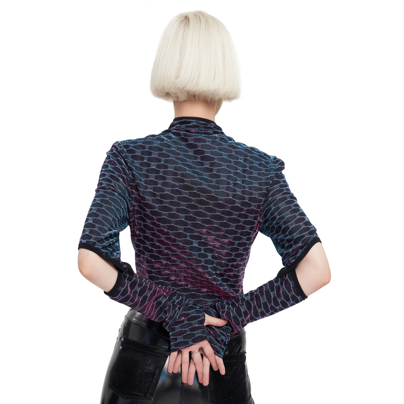Back view of stylish punk short top with unique pentagram design and elbow openings for women.