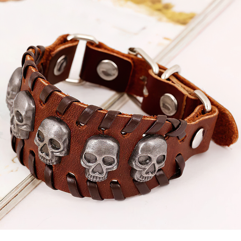 Punk Genuine Leather Bangle with Skull / Biker Bracelet for Men and Women - HARD'N'HEAVY