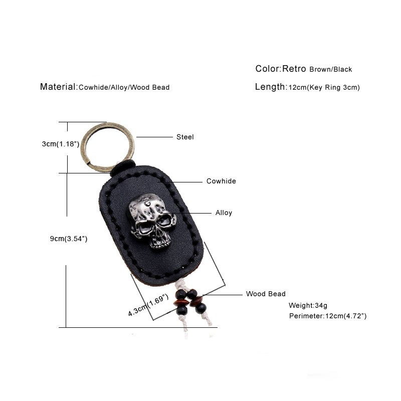 Punk genuine leather keychain with skull, retro design. Perfect accessory for bags, made of cowhide, alloy, and wood beads.