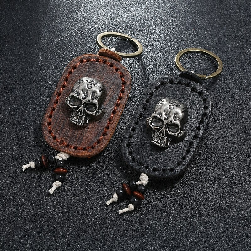 Punk Genuine Leather Keychain with Skull / Fashion Car Key Ring for Men and Women - HARD'N'HEAVY