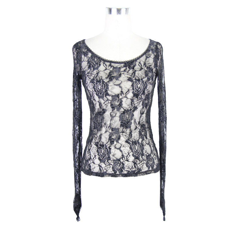 Punk Gothic Ladies Mesh Long Sleeve Top / Sexy See-Through Elastic Black Lace Tops for Women - HARD'N'HEAVY