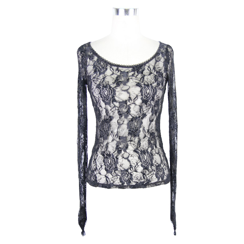 Punk gothic ladies black lace long sleeve top, see-through floral design for a chic gothic wardrobe.
