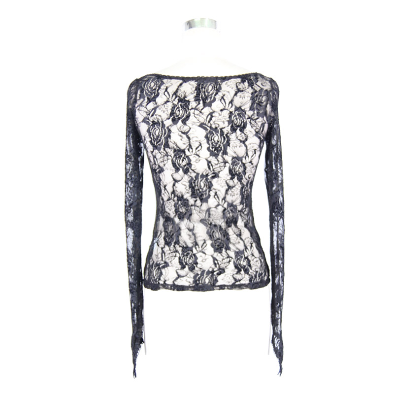 Punk Gothic Ladies Mesh Long Sleeve Top / Sexy See-Through Elastic Black Lace Tops for Women - HARD'N'HEAVY