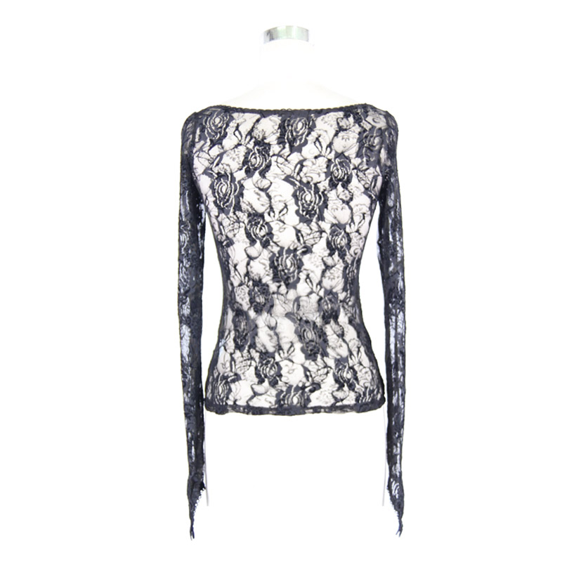 Back view of a sexy see-through black lace top with long sleeves and floral pattern for a gothic wardrobe.