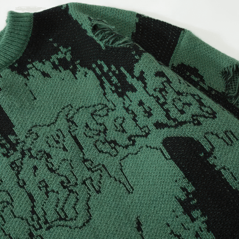 Punk gothic ripped knitted sweater in green with unique letter print and stylish distressed design.