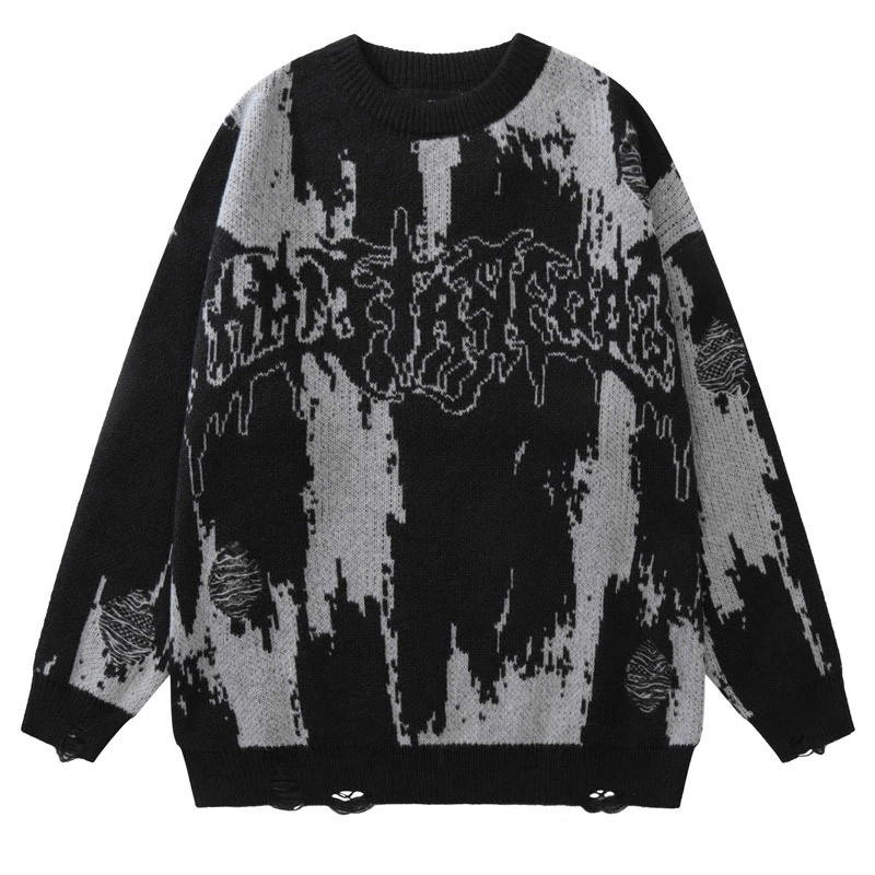Punk gothic ripped knitted sweater with letter print in black and gray grunge style, perfect for trendy outfits.