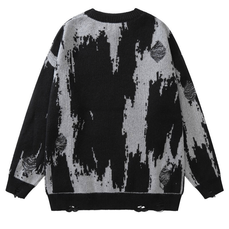 Back view of a punk gothic ripped knitted sweater in black and gray with abstract patterns, perfect for grunge fashion.