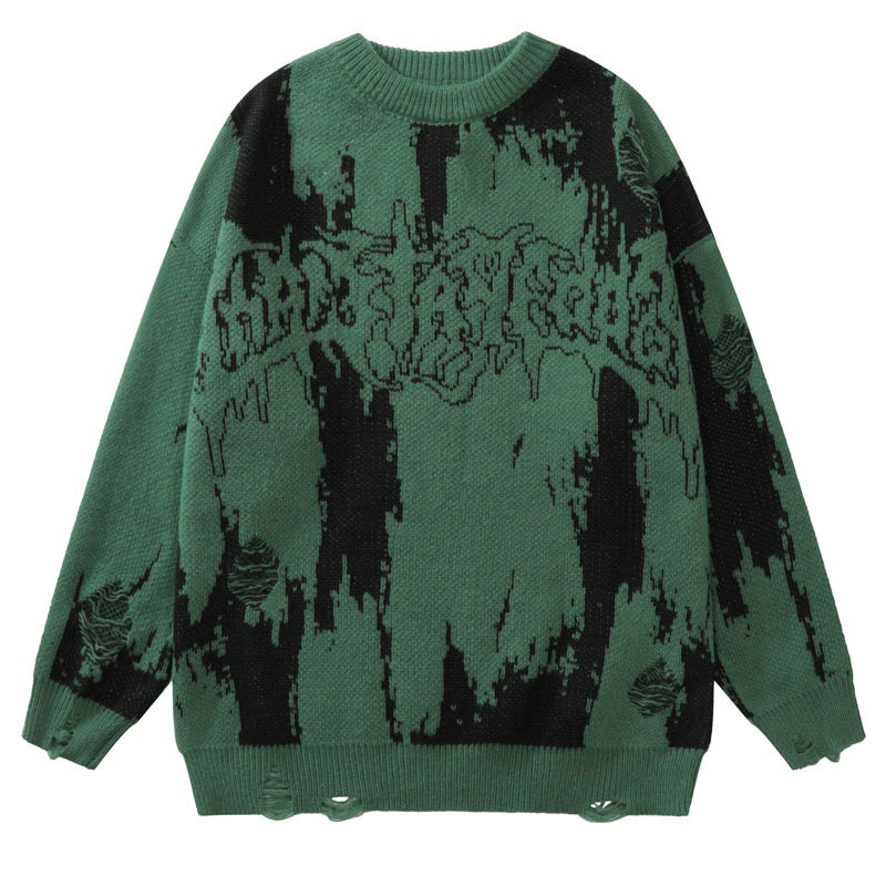 Punk gothic ripped knitted sweater in green with dripped letter print, perfect for grunge fashion outfits.