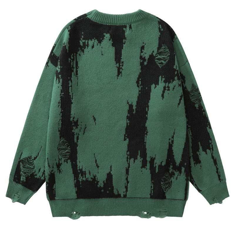 Punk gothic ripped knitted sweater in green and black, featuring a distressed design and stylish grunge aesthetic.