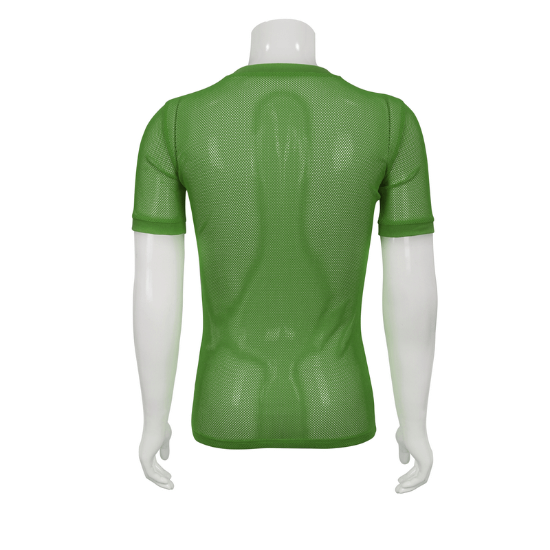 Back view of a men's punk green short-sleeved mesh T-shirt in an alternative style, showcasing breathable fabric.