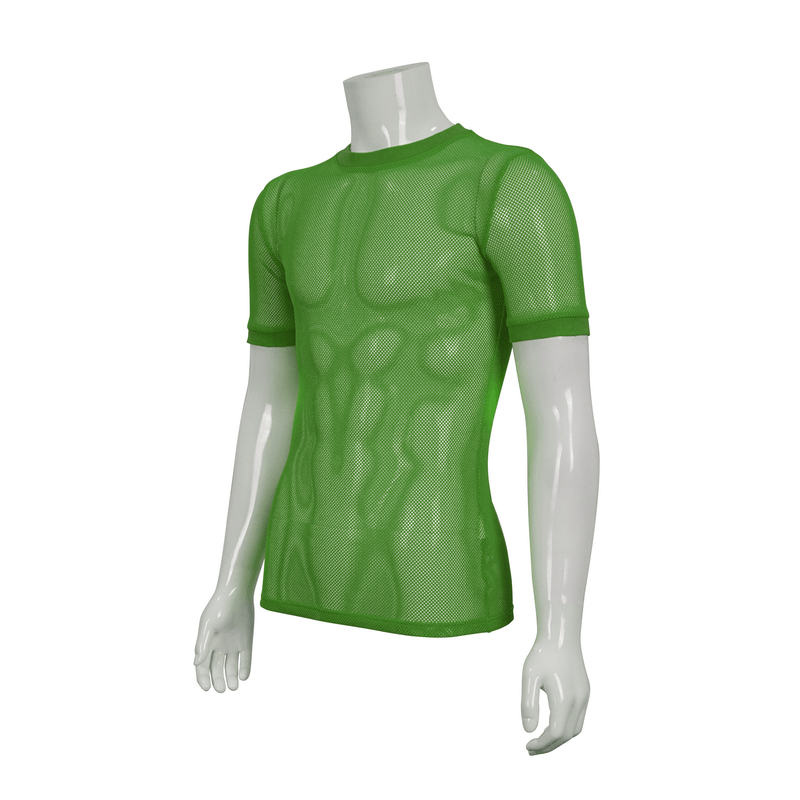 Men's green short-sleeved mesh T-shirt showcasing alternative style and comfortable transparent fabric.