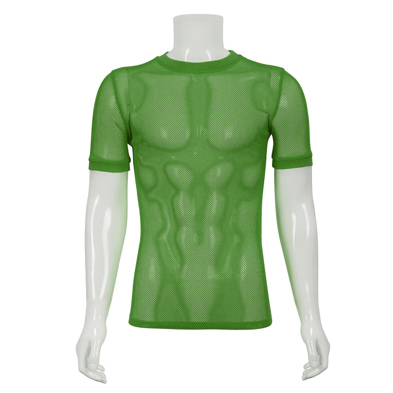Bright green short-sleeved mesh t-shirt for men, showcasing an alternative style and trendy look.