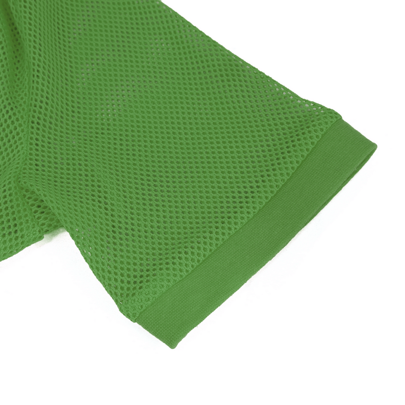 Close-up of a vibrant green men's mesh T-shirt sleeve, showcasing alternative style craftsmanship.