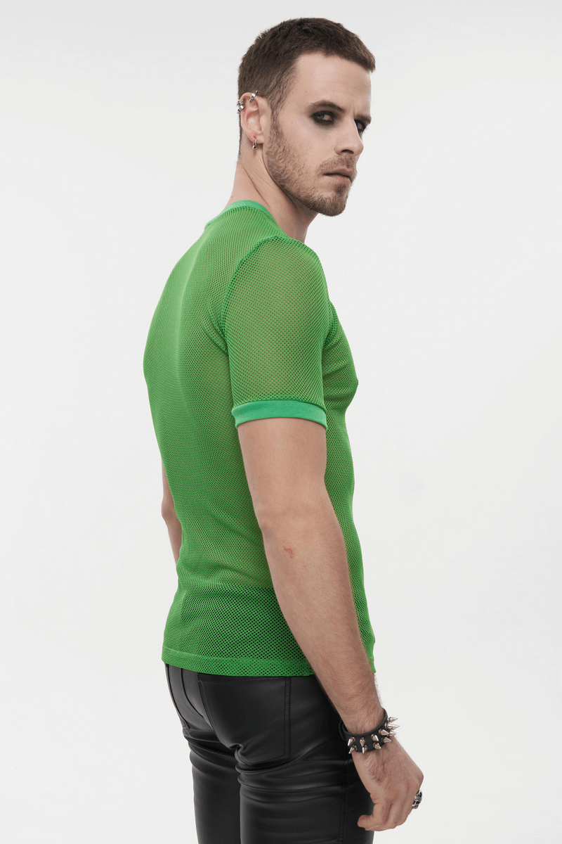Trendy male model wearing a short-sleeved transparent green mesh t-shirt, showcasing alternative style clothing.