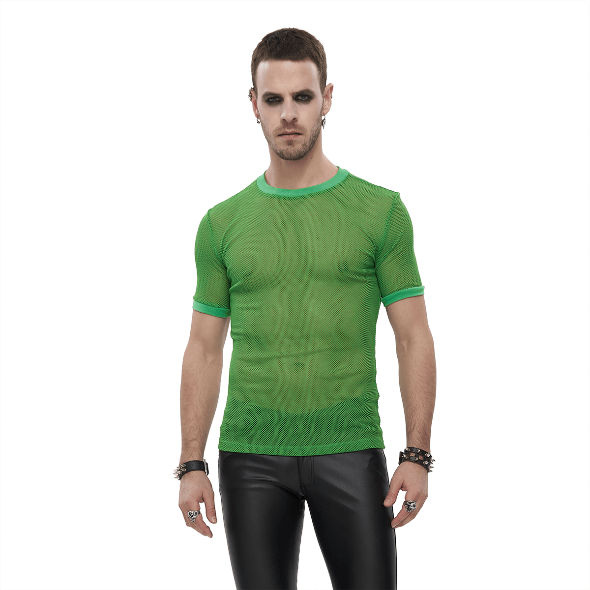 Punk Green O-Neck Mesh T-Shirt / Male Short-Sleeved Transparent T-Shirt / Alternative Clothing - HARD'N'HEAVY