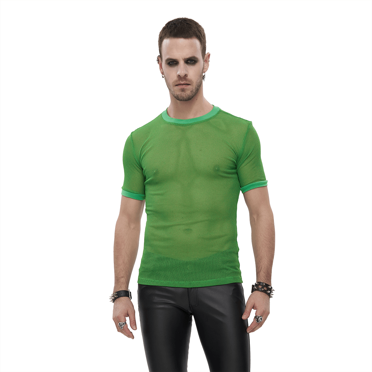 Men's punk green short-sleeved mesh t-shirt in alternative style, perfect for adding flair to your wardrobe.