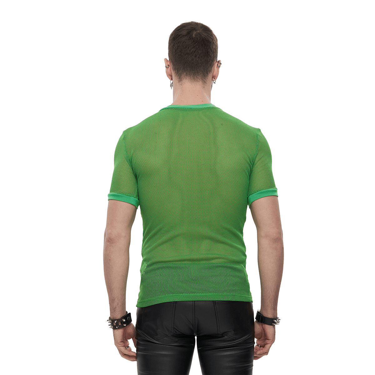 Back view of a man in a green mesh short-sleeved t-shirt, showcasing alternative style clothing for edgy fashion.