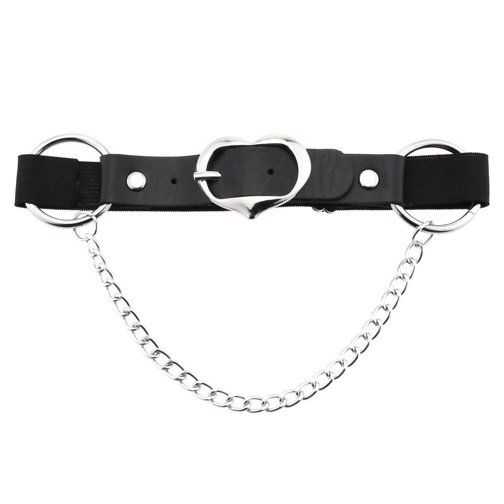 Punk heart leg strap belt with silver chain, gothic-style PU leather harness, perfect accessory for a bold look.