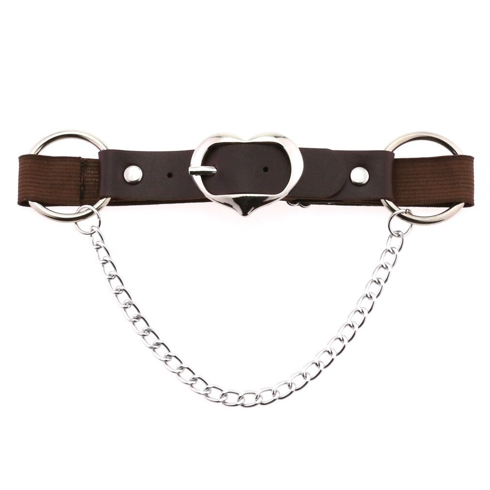 Punk Heart Leg Strap Belt, brown PU leather harness with silver fittings and chain for a gothic style look.