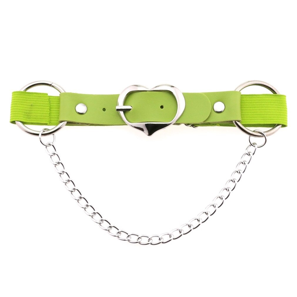 Punk heart leg strap belt in vibrant green with silver chain and heart buckle, a stylish gothic accessory.