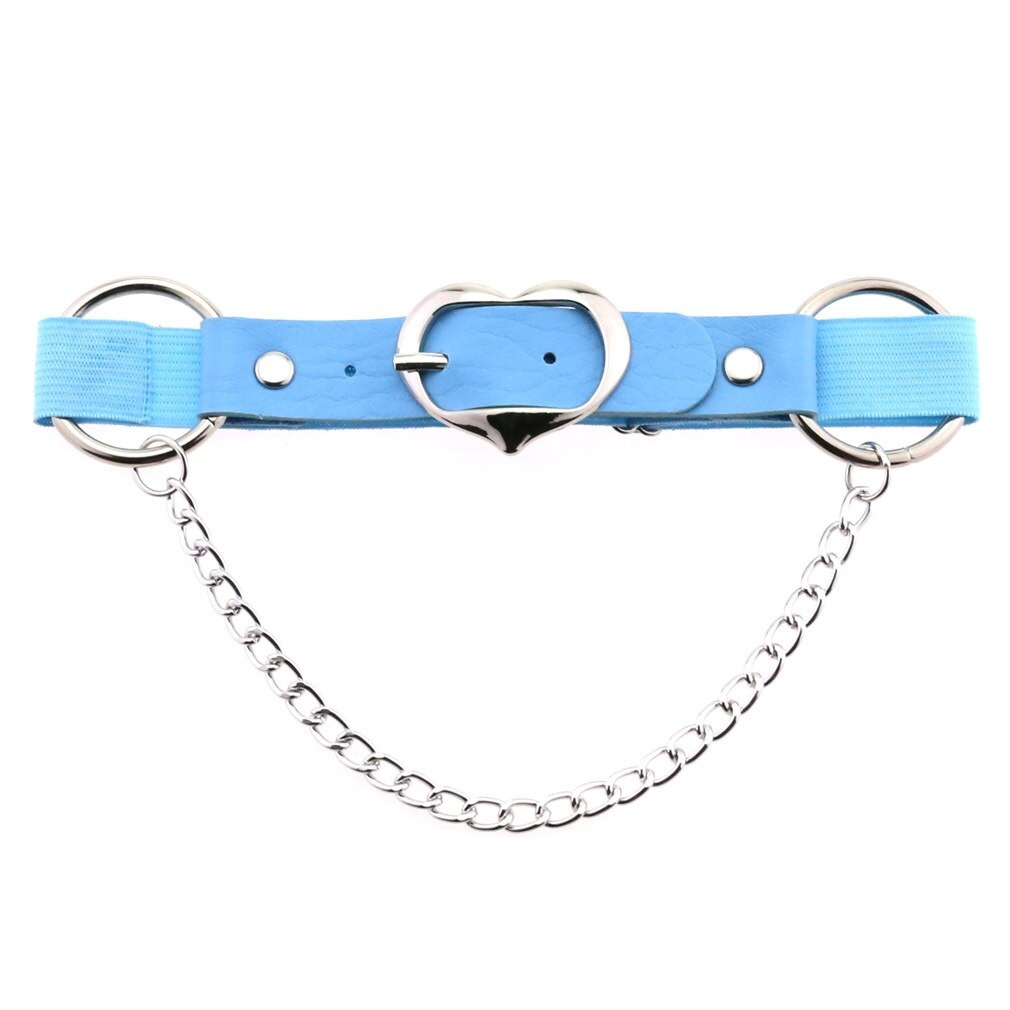 Blue PU leather punk heart leg strap belt with silver fittings and chain, a stylish gothic accessory for women.