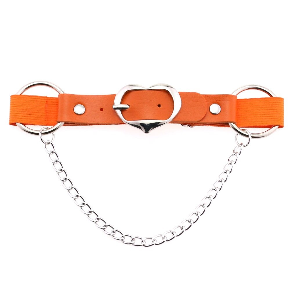 Punk Heart Leg Strap Belt in orange with silver chain and fittings, a stylish gothic accessory for women.