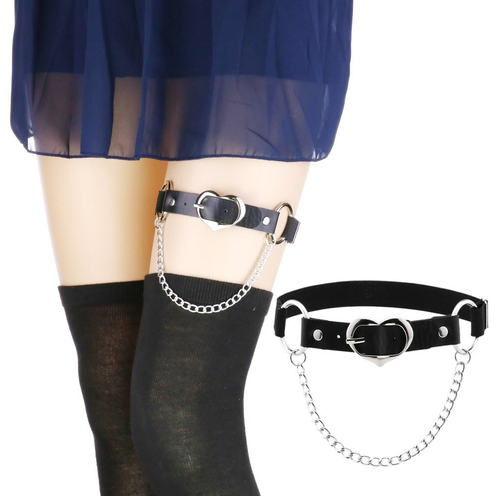 Punk heart leg strap belt with silver chain, stylish gothic accessory for women's thigh harness and anklets.