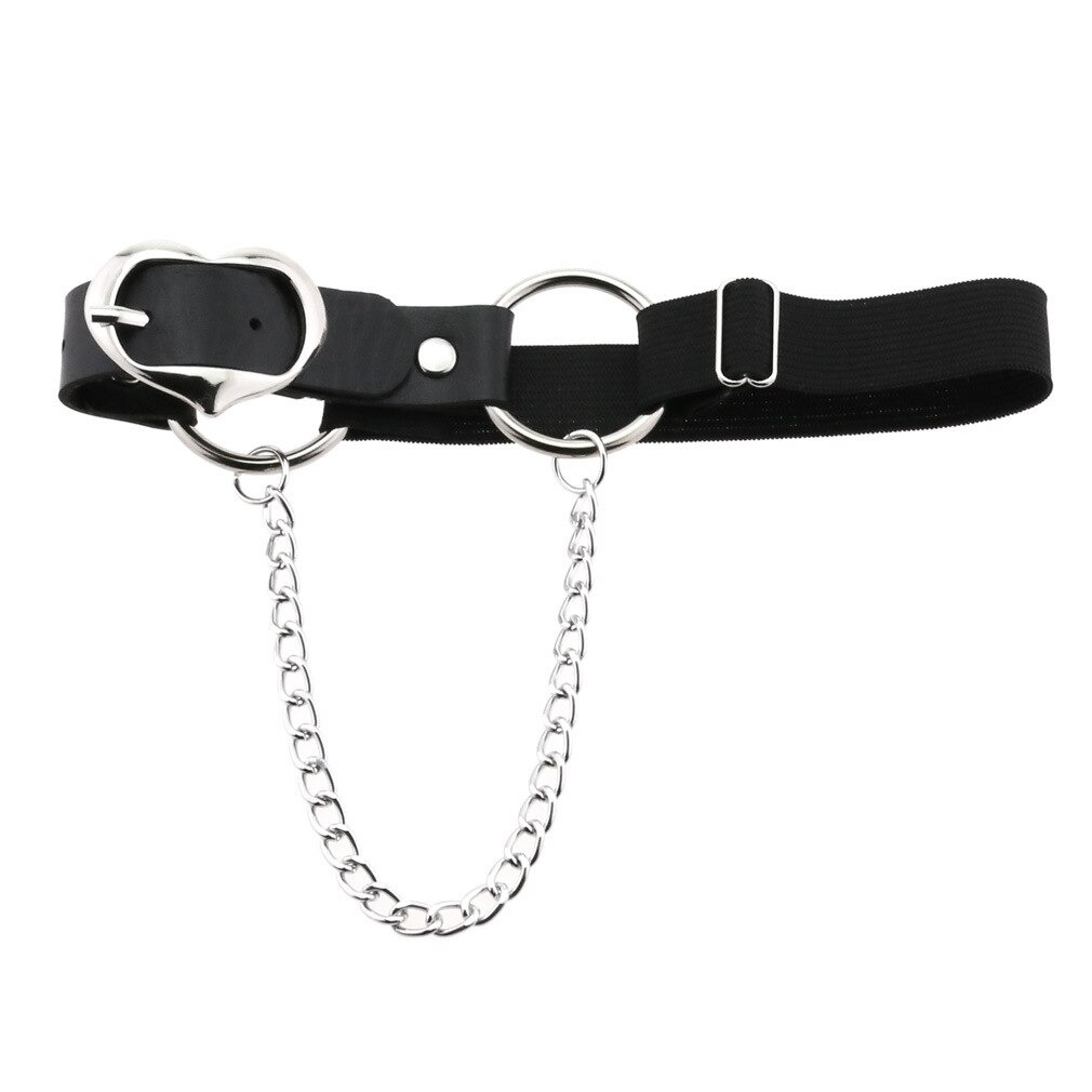 Punk heart leg strap belt with silver chain, stylish PU leather harness for women, perfect gothic accessory.