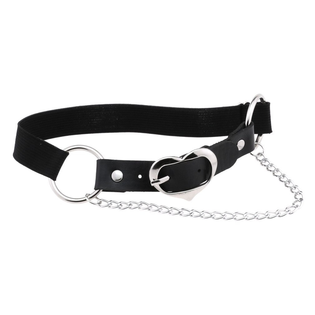 Punk heart leg strap belt in black, featuring PU leather, silver fittings, and a stylish chain for a gothic accessory.