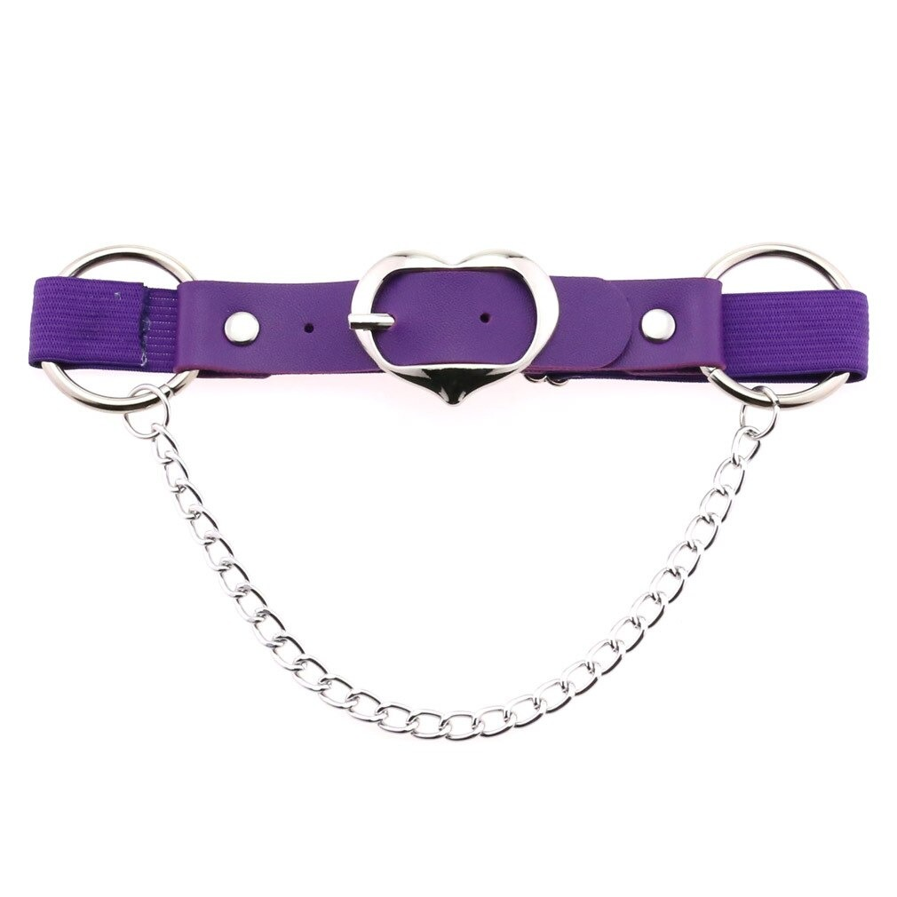 Punk heart leg strap belt in purple PU leather with silver chain and fittings, perfect gothic accessory for women.
