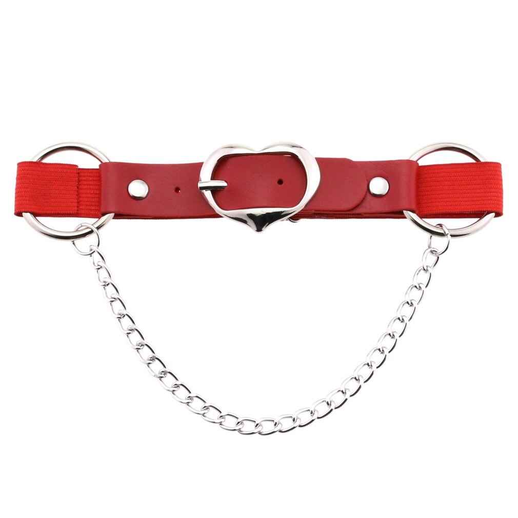 Punk heart leg strap belt in red PU leather with silver chain and fittings, perfect gothic accessory for women.